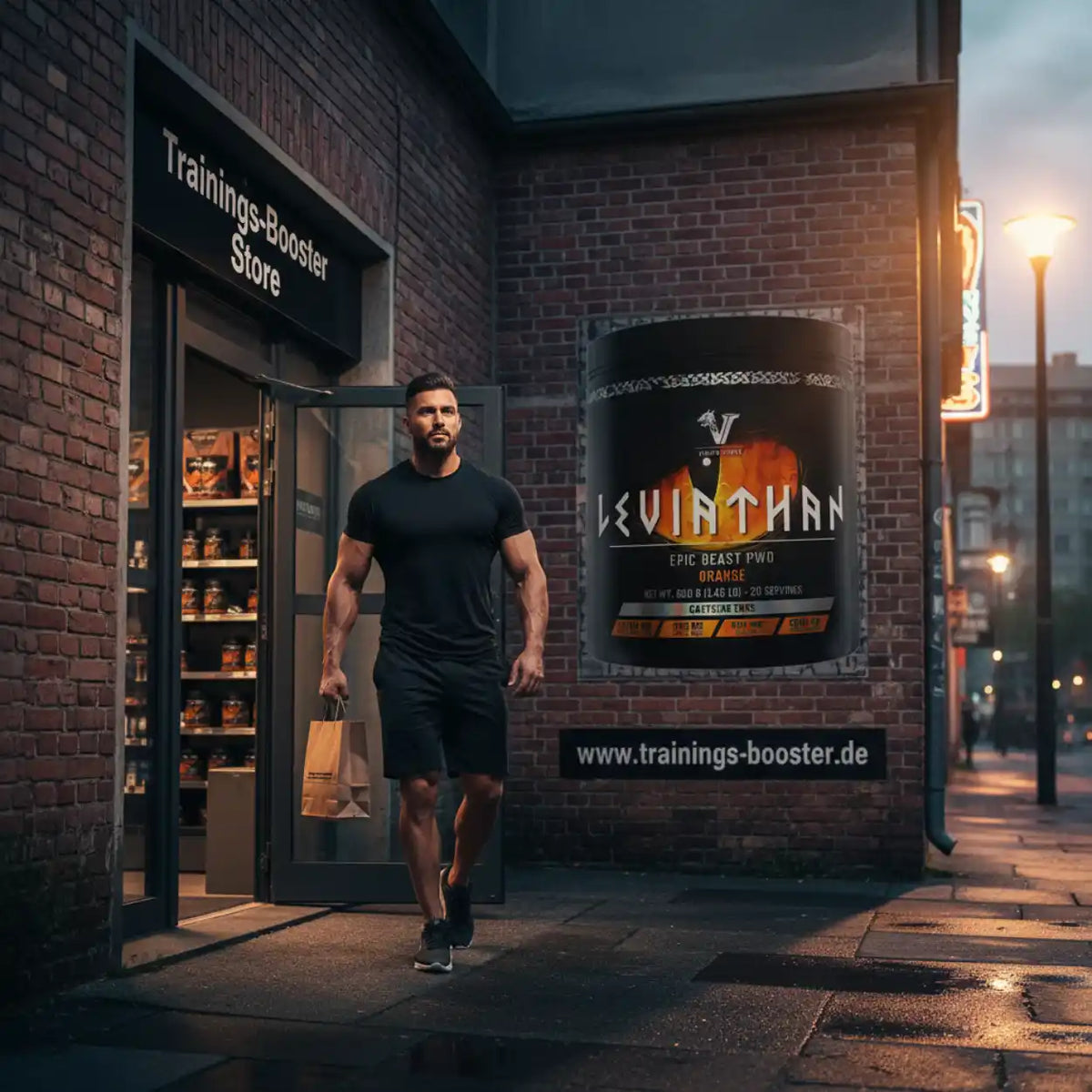 Muskulöser Mann mit Einkaufstüte vor einem Trainings-Booster Store mit Leviathan Pre-Workout Poster