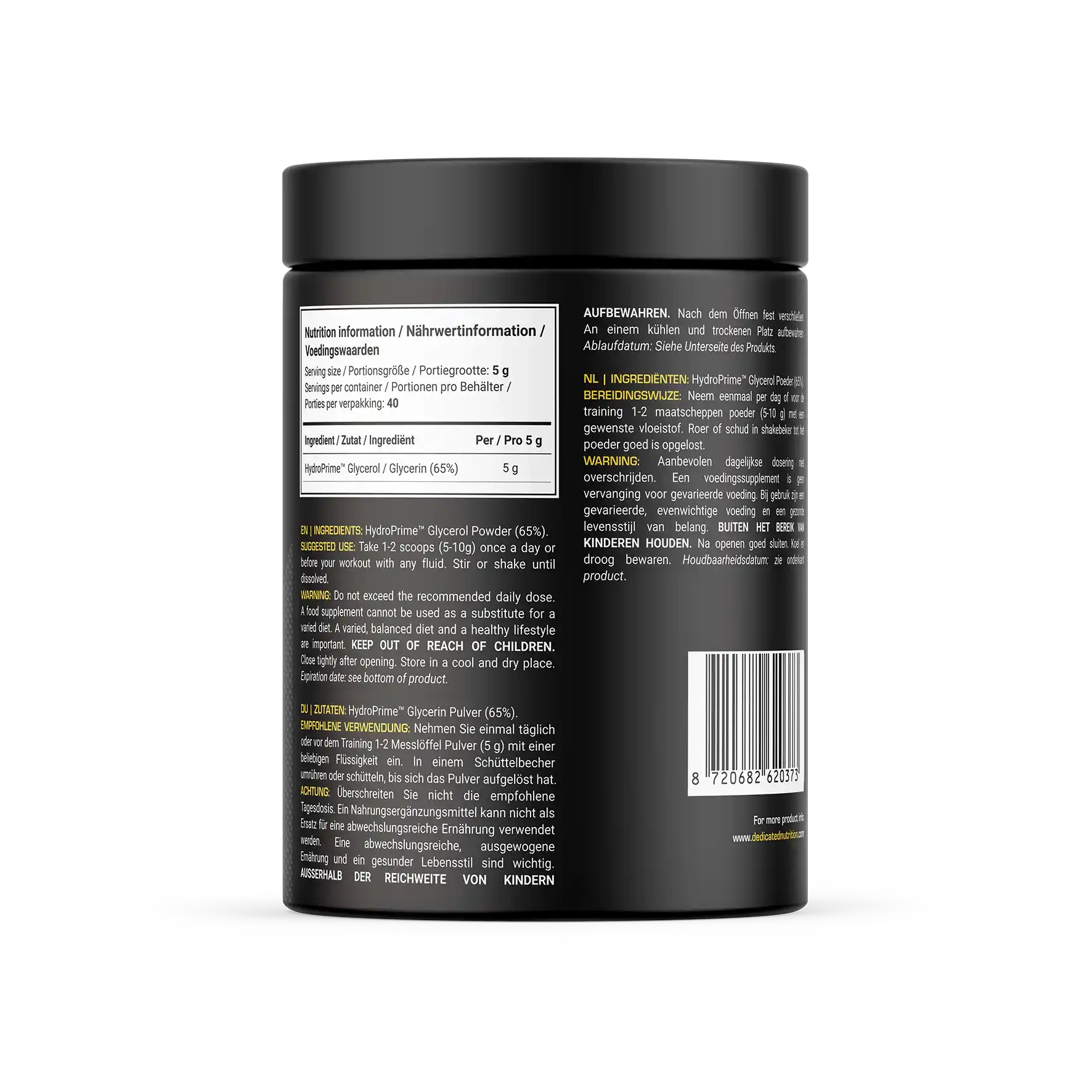Schwarze Dose mit Nährwertangaben und Verzehrempfehlung für HydroPrime Glycerol Pulver, Sportnahrung