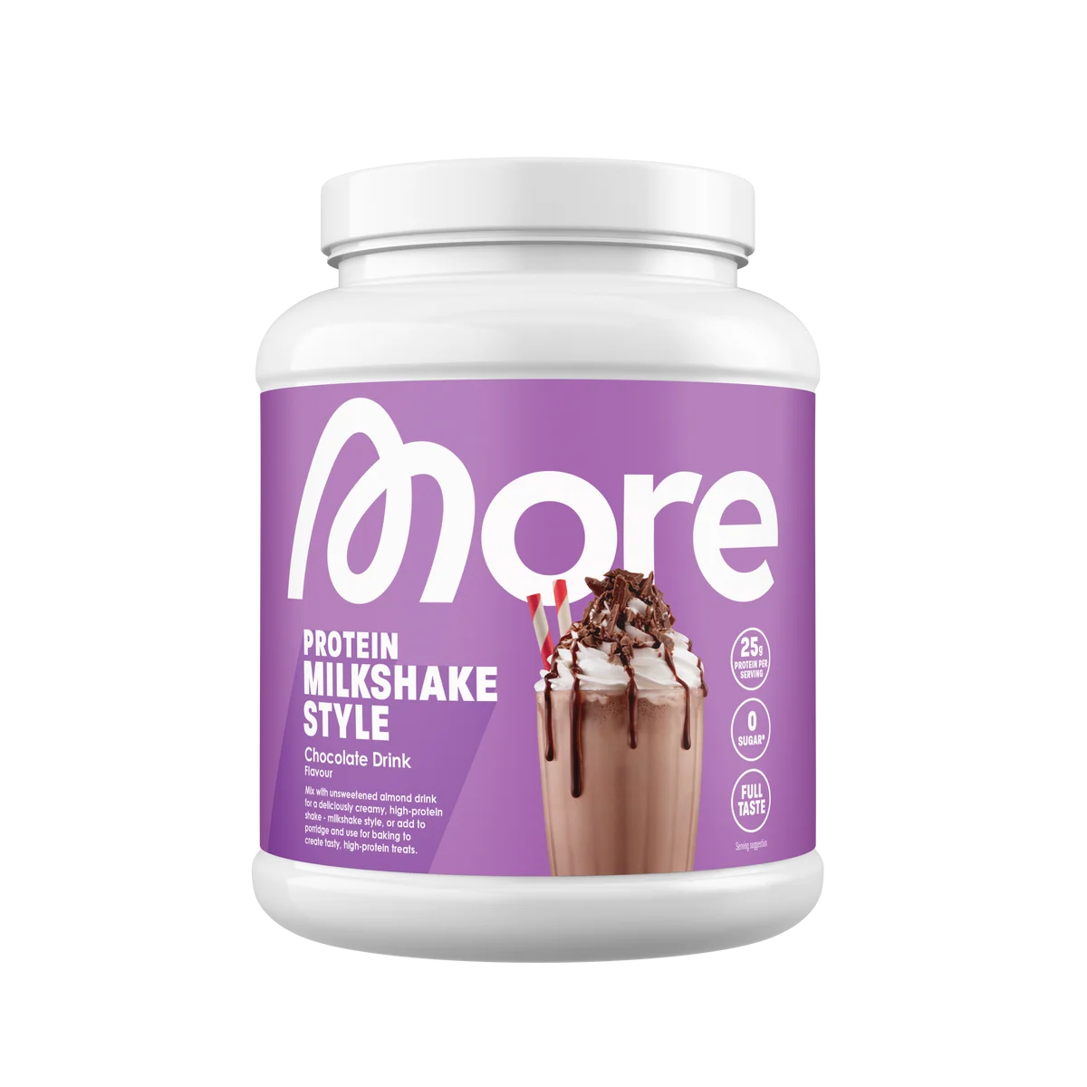 More Protein Milkshake Style Schokoladen-Getränk in einem weißen Becher.