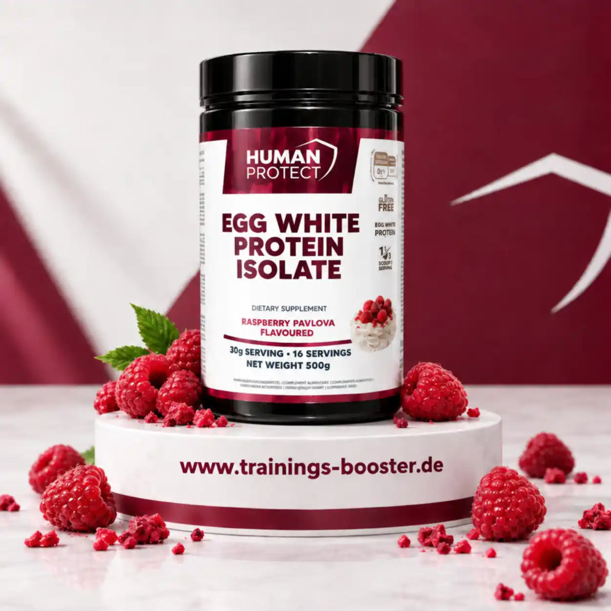 Human Potect Egg White Protein Isolate im Raspberry Pavlova Geschmack mit frischen Himbeeren.