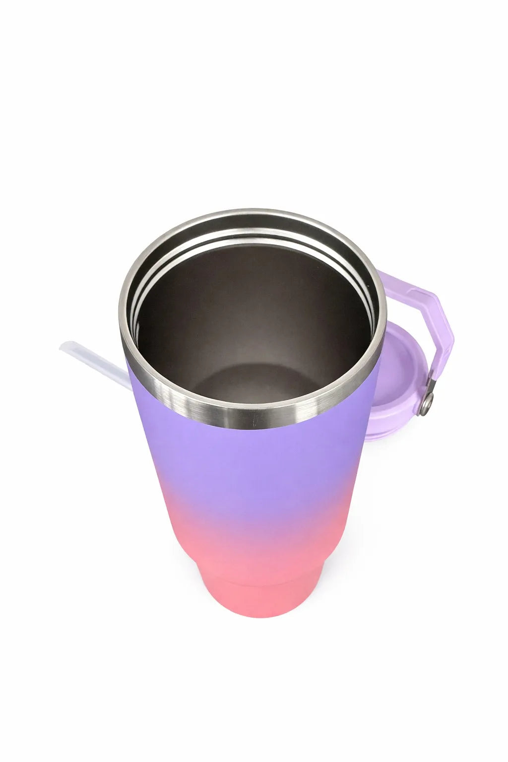 Lila-rosa Gradient-Trinkbecher mit Edelstahlrand und Strohhalm für Sportnahrung und Booster