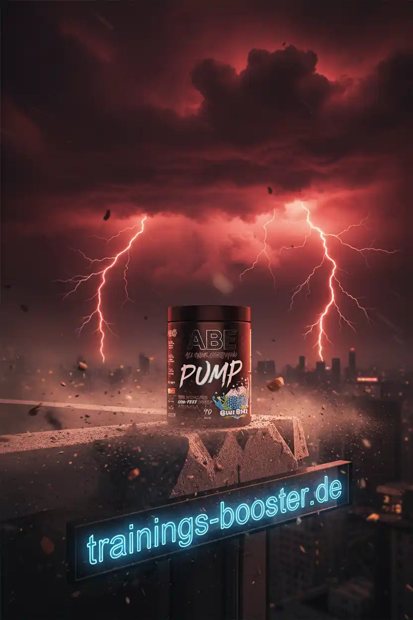 ABE Pump Pre-Workout Booster vor stürmischem Himmel mit Blitzen – trainings-booster.de