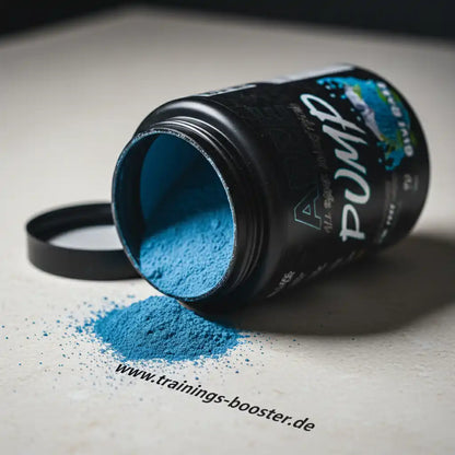 Blauer Trainingsbooster Pulver in schwarzer Dose, ideal für Sport und Fitness