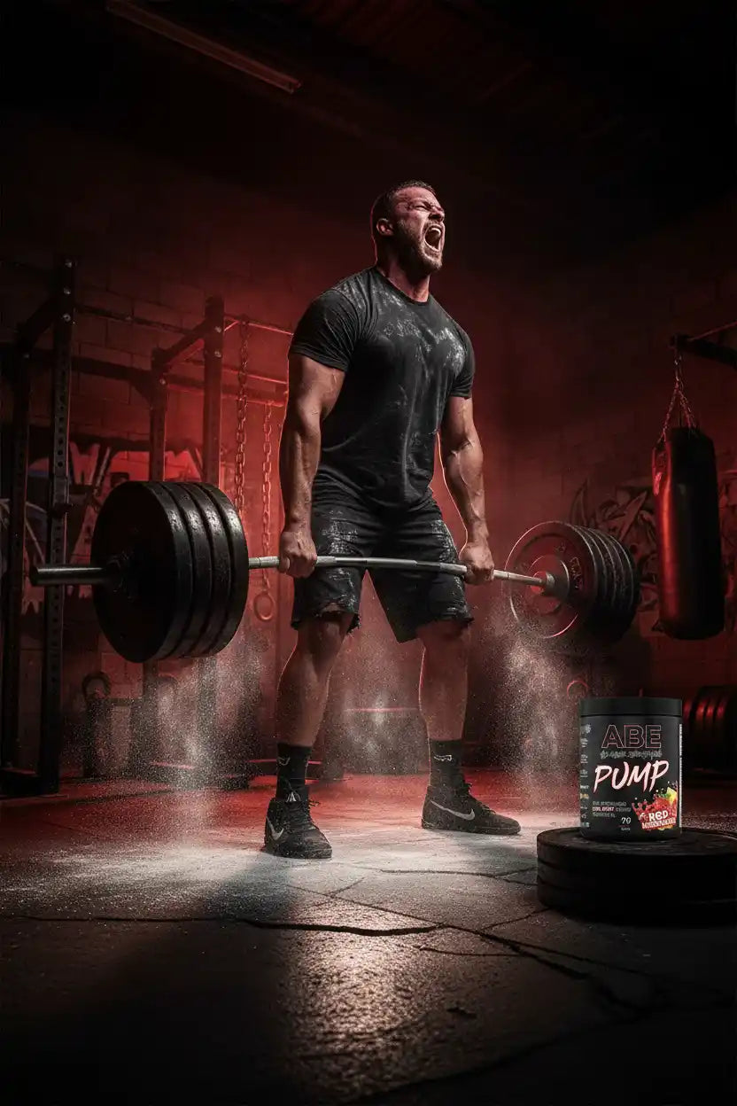Muskulöser Athlet hebt schweres Gewicht im Fitnessstudio mit ABE PUMP Booster