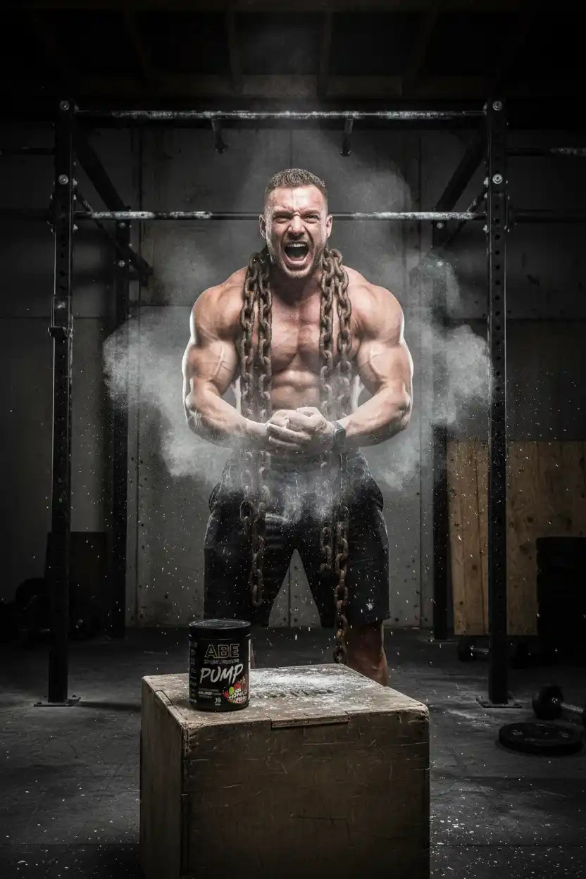 Muskulöser Athlet mit Ketten im Fitnessstudio, vor ABE Pump Booster-Dose