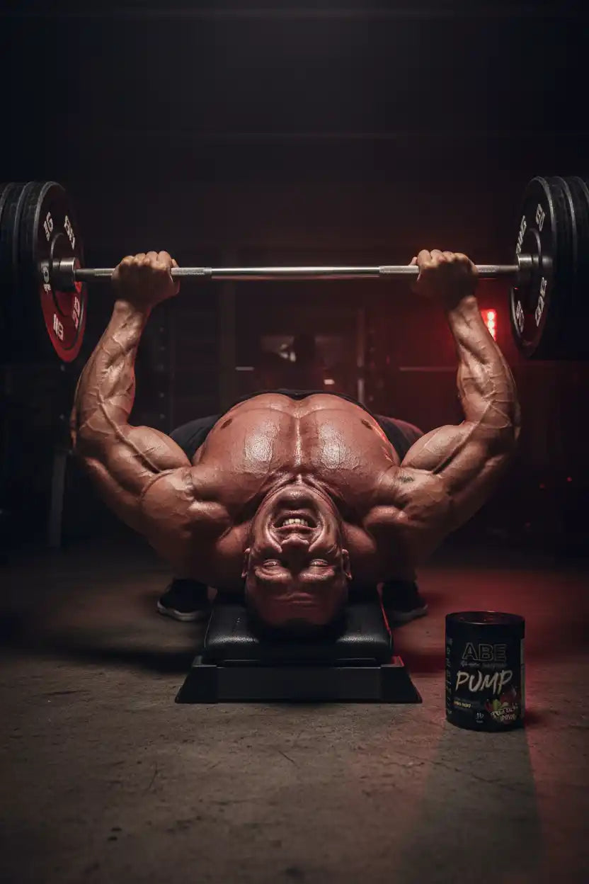 Muskulöser Athlet beim Bankdrücken mit Booster-Dose im Fitnessstudio