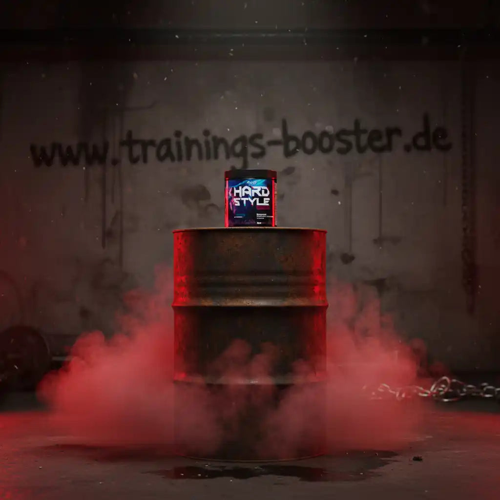 Hard Style Booster auf rostigem Fass mit rotem Nebel, ideal für Sport und Training