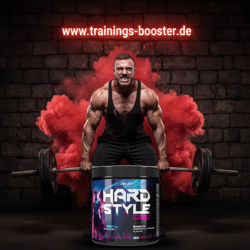 Muskulöser Mann mit Hantel und Hard Style Pre Workout Booster vor rotem Rauch