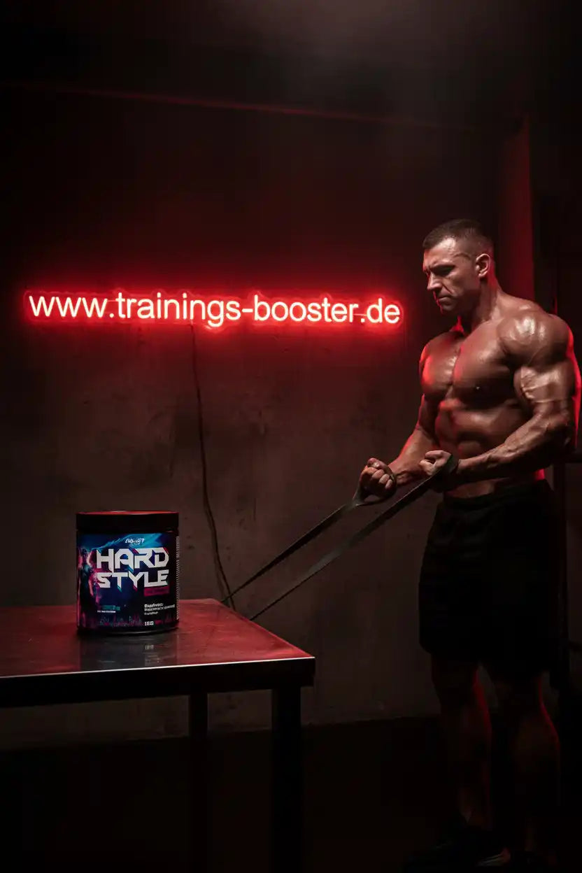 Muskulöser Mann trainiert mit Widerstandsbändern neben Hard Style Booster-Dose