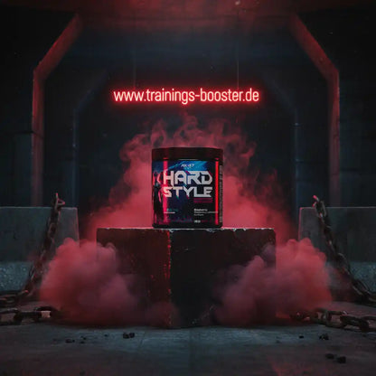 Hard Style Booster für intensives Training mit rotem Rauch und Ketten im Hintergrund