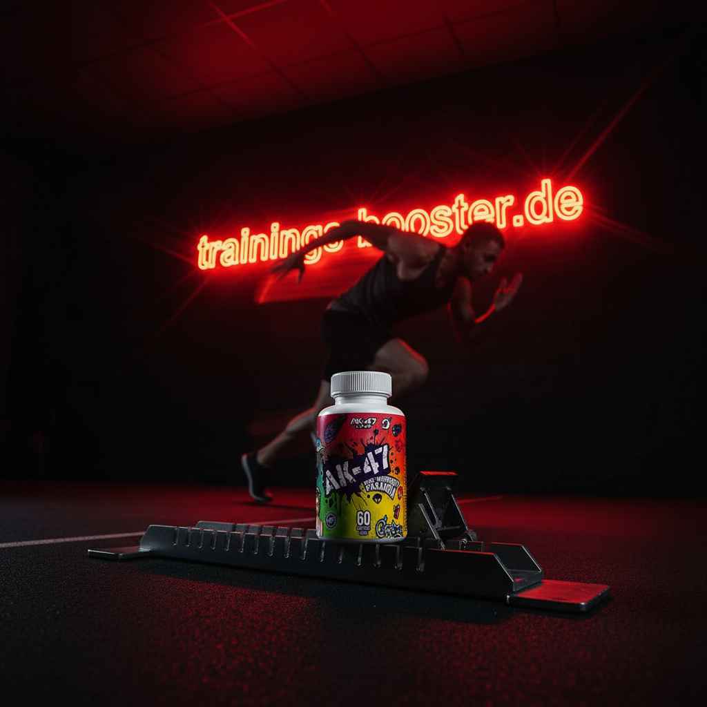 AK-47 Booster für Fitness und Training mit rotem Neonlicht im Hintergrund