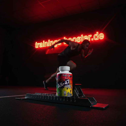 AK-47 Booster für Fitness und Training mit rotem Neonlicht im Hintergrund