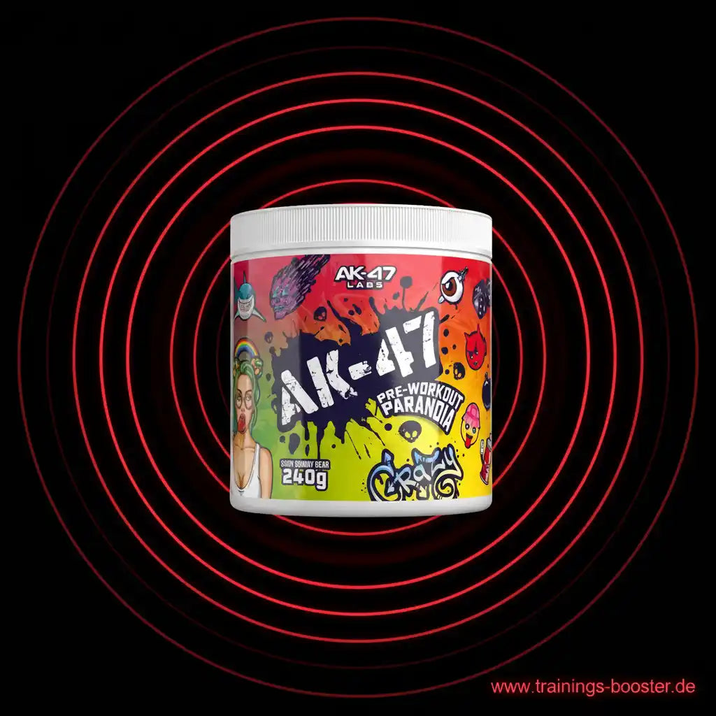 AK-47 Pre-Workout Paranoia Booster mit 240g, farbenfrohes Design, ideal für Sportler und Fitness-Enthusiasten