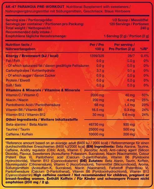 Nährwerttabelle für AK-47 Paranoia Pre-Workout mit Koffein und Vitaminen