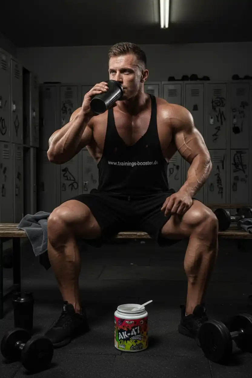 Muskulöser Mann trinkt Proteinshake im Fitnessstudio, AK-47 Booster neben ihm