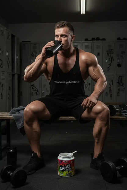 Muskulöser Mann trinkt Proteinshake im Fitnessstudio, AK-47 Booster neben ihm