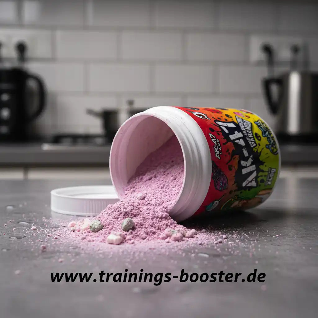 Pinkes Trainingsbooster-Pulver aus umgekippter Dose auf Küchenarbeitsplatte