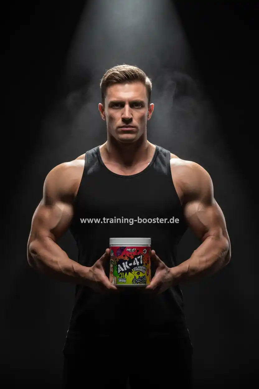 Muskulöser Mann mit AK-47 Booster für Training und Fitness