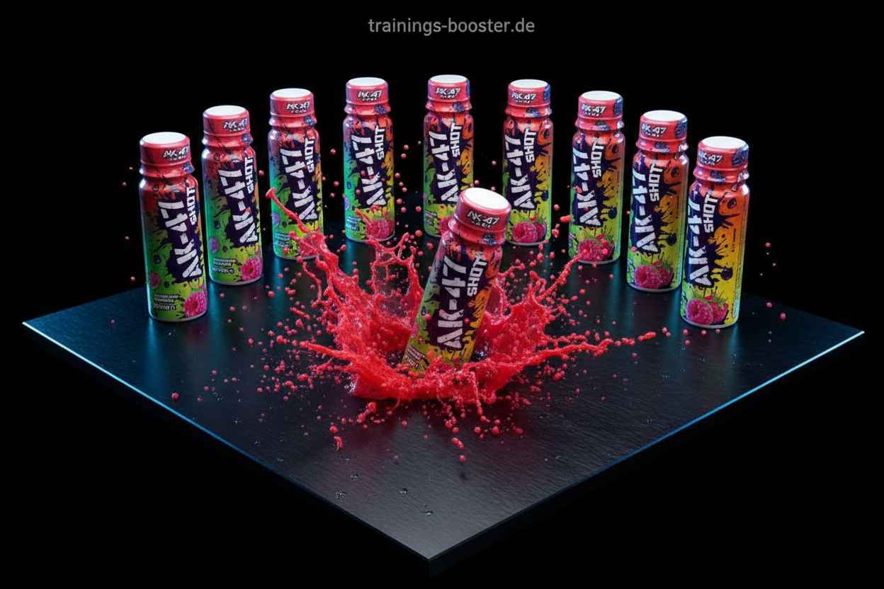 AK-47 Shot Energiebooster mit lebhaften Farben und spritzendem Design für Sport und Training