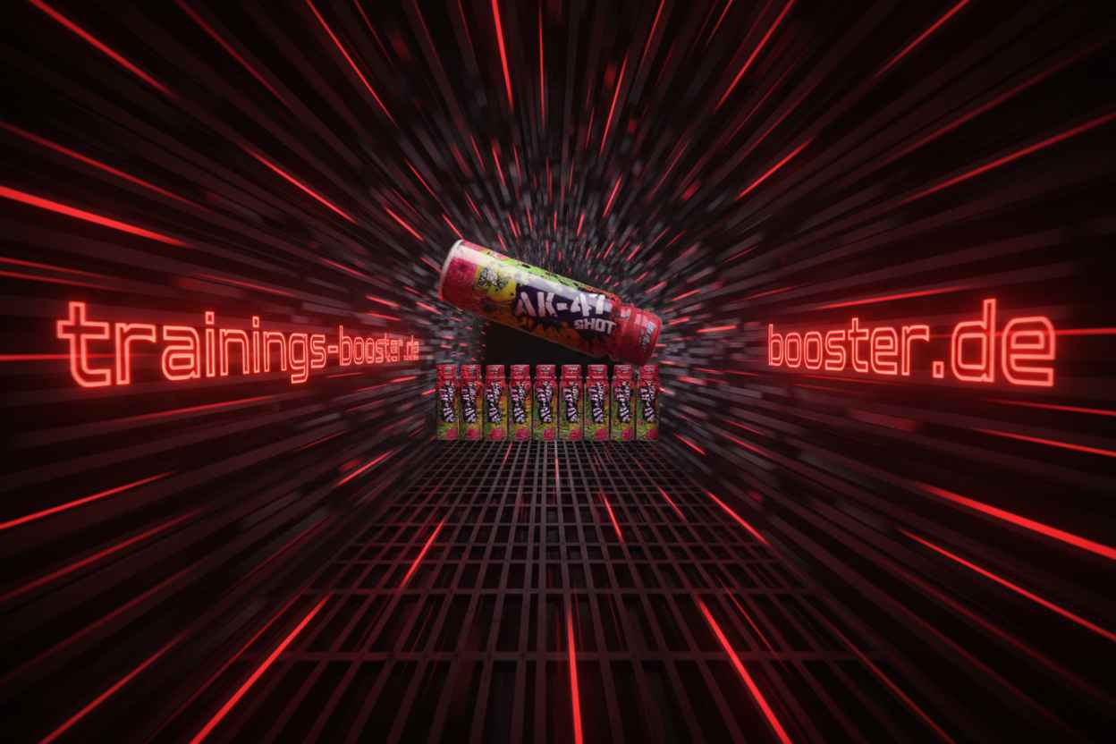 AK-47 Shot Energiebooster mit leuchtendem rotem Hintergrund und trainings-booster.de