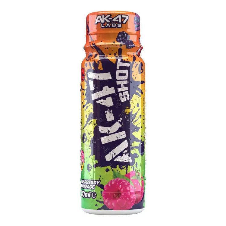 AK-47 Shot Raspberry Champagne Energy Shot, 60ml, farbenfrohe Verpackung mit Beerenmotiv