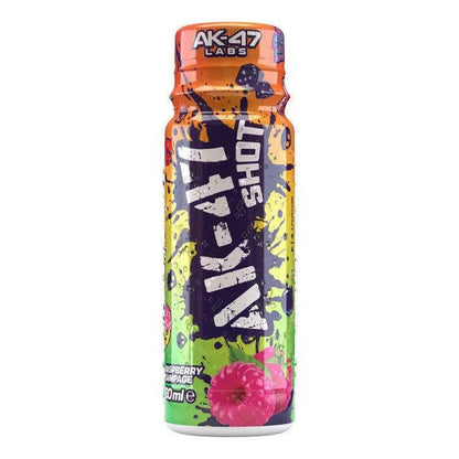 AK-47 Shot Raspberry Champagne Energy Shot, 60ml, farbenfrohe Verpackung mit Beerenmotiv