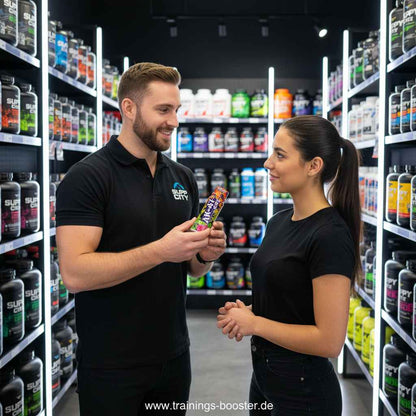 Mann und Frau im Sportnahrungsgeschäft mit Booster-Produkt