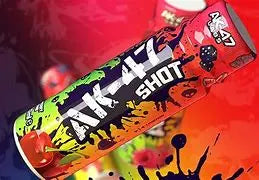 AK-47 Shot Energie-Booster mit farbenfrohem Design und Fruchtmotiven