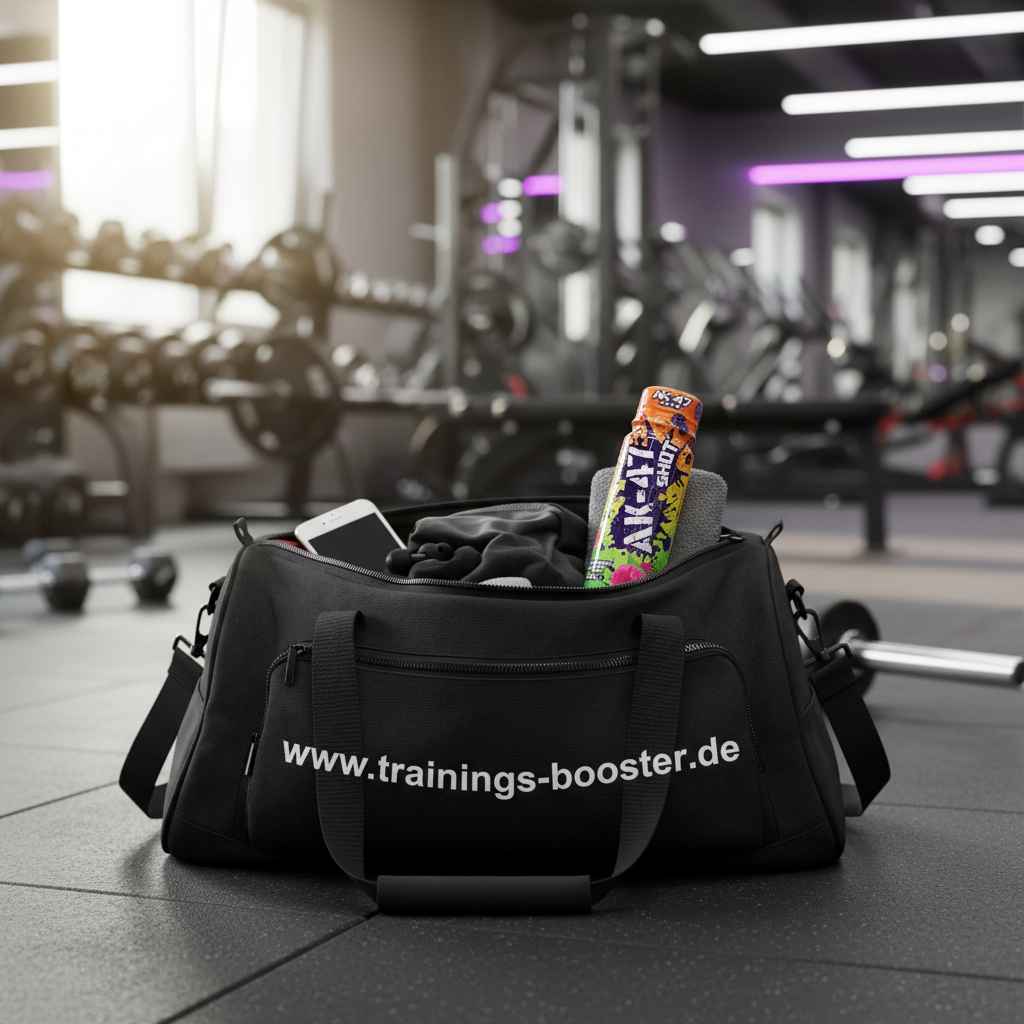 Schwarze Sporttasche mit AK-47 Shot und Trainingszubehör im Fitnessstudio