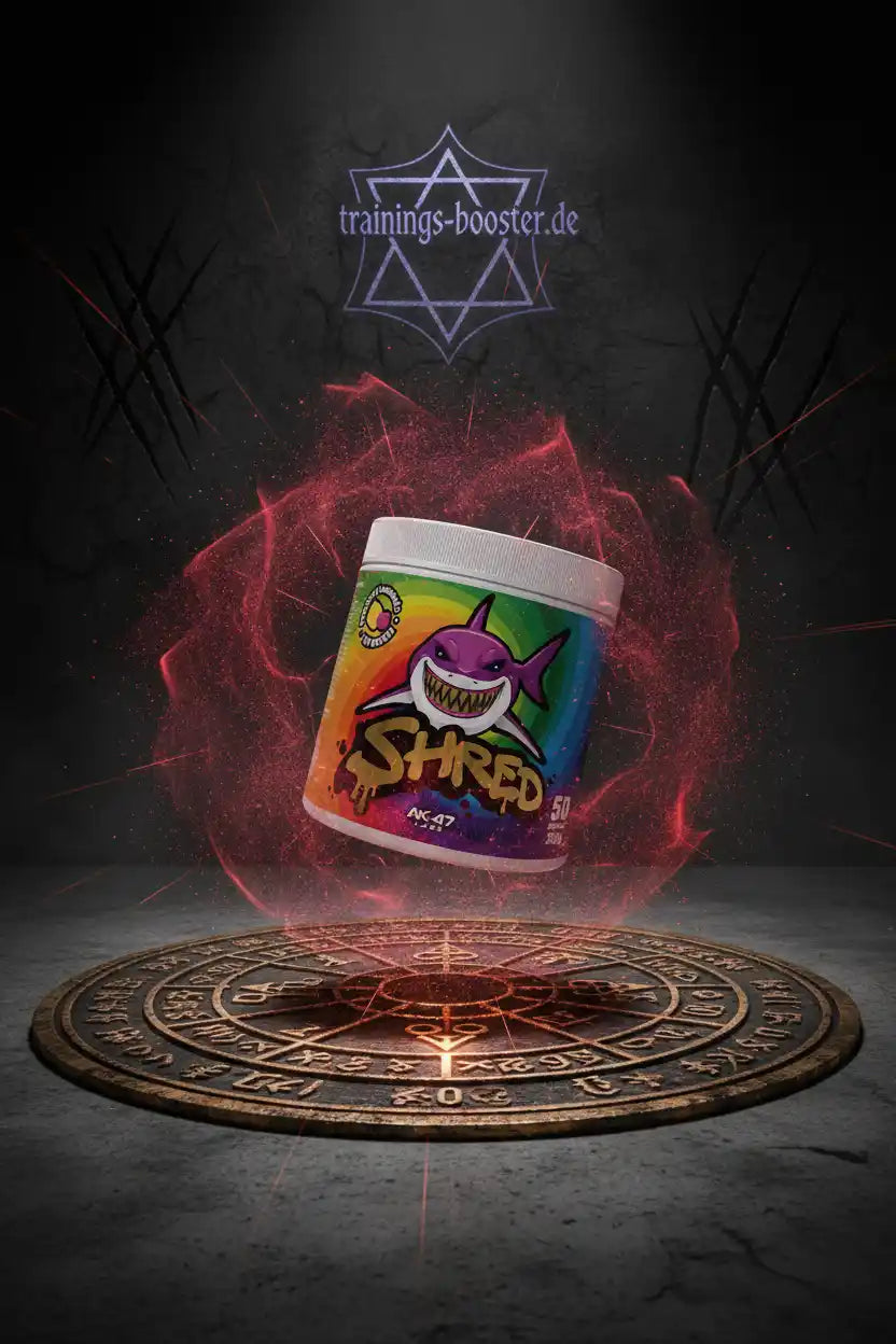 SHRED Fatburner von trainings-booster.de mit magischem Design und leuchtendem Effekt