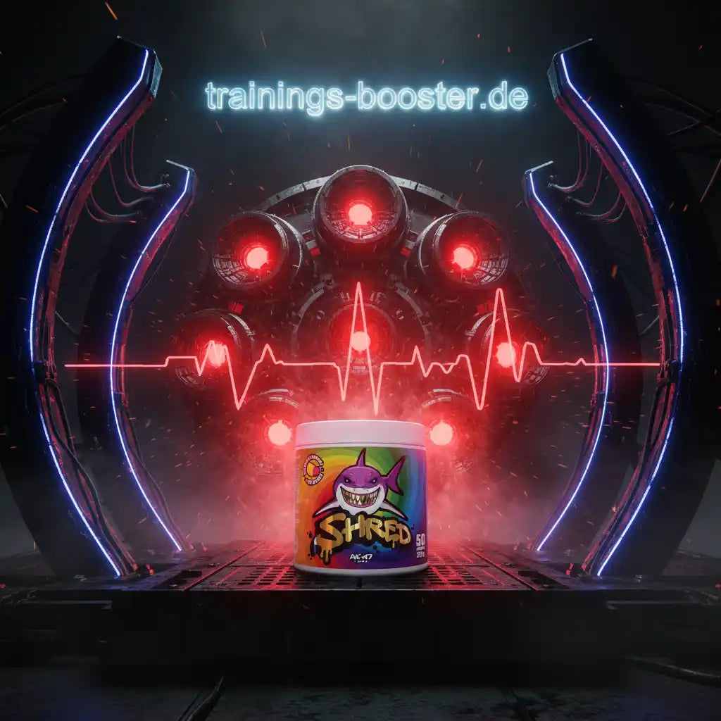 SHRED Fatburner von AC47 vor futuristischem Hintergrund mit roten Lichtern und Herzlinie