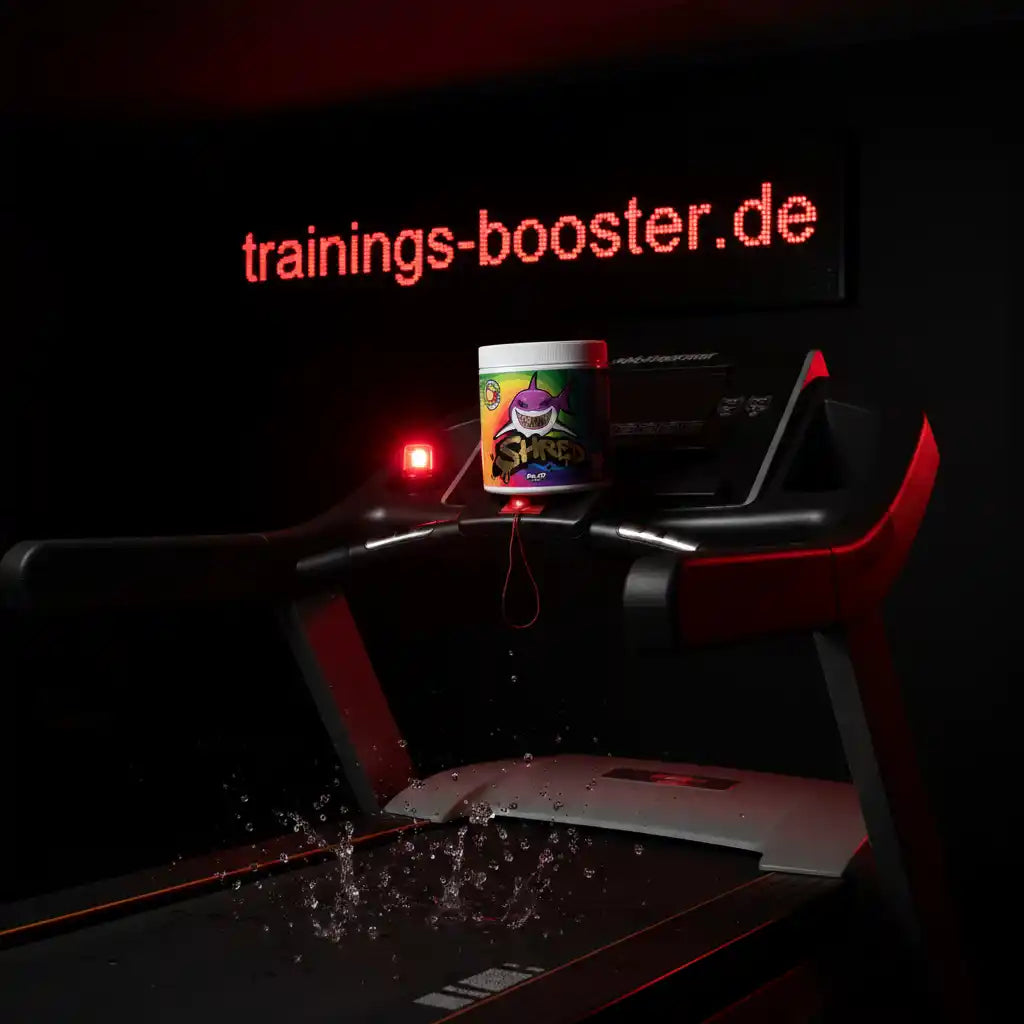 SHRED Fatburner auf Laufband mit trainings-booster.de Hintergrundbeleuchtung