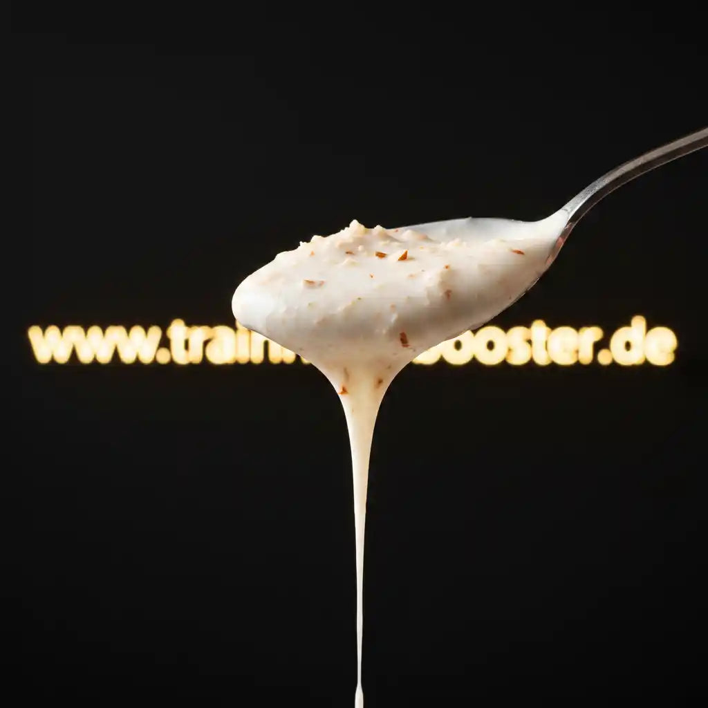 Cremige Protein-Paste mit Nüssen auf Löffel, ideal für Sportler und Fitness-Booster