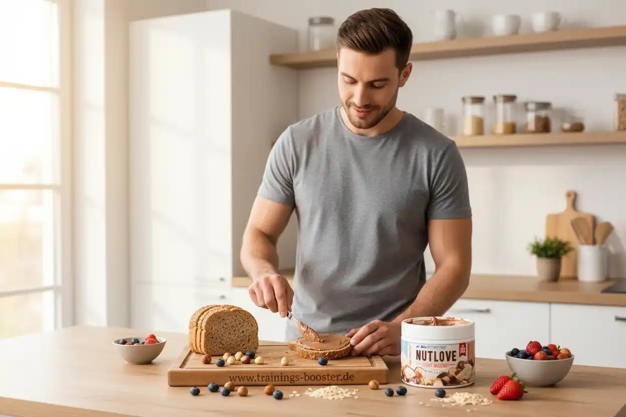 Mann streicht Nuss-Nougat-Creme auf Brot – ideal für Sportler & Fitness-Enthusiasten mit Nährstoffen & Energie