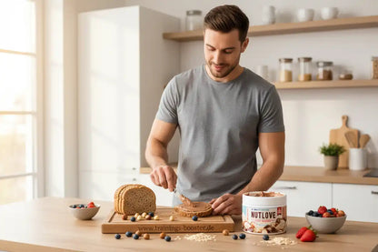 Mann streicht Nuss-Nougat-Creme auf Brot – ideal für Sportler & Fitness-Enthusiasten mit Nährstoffen & Energie