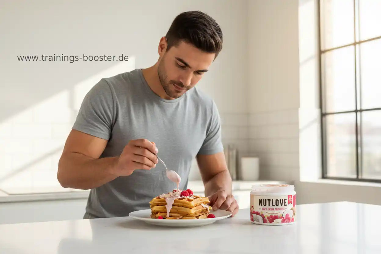Muskulöser Mann mit Protein-Pancakes und Nutlove Nussbutter, ideal für Sportler und Fitness-Enthusiasten