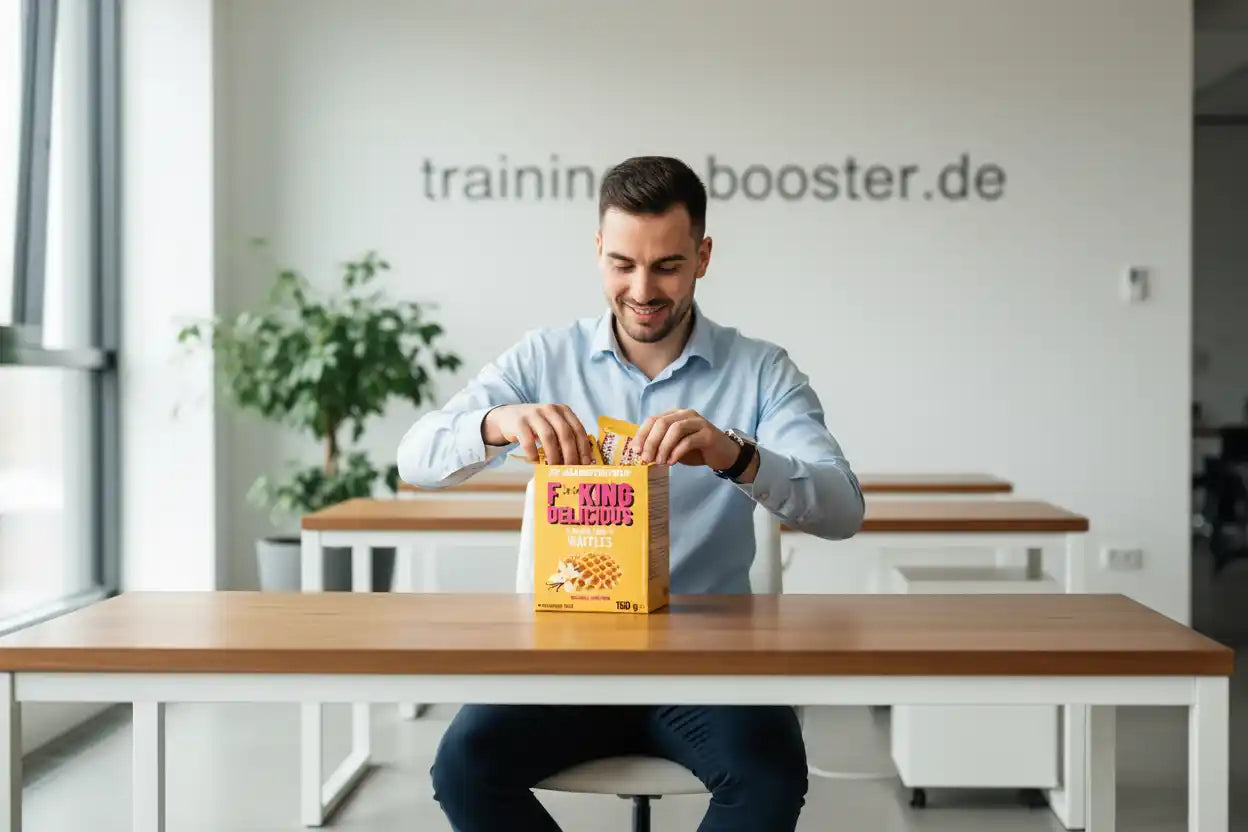 Mann öffnet Box mit Vanille-Waffeln von F*King Delicious im Büro, ideal als Sportnahrung oder Booster