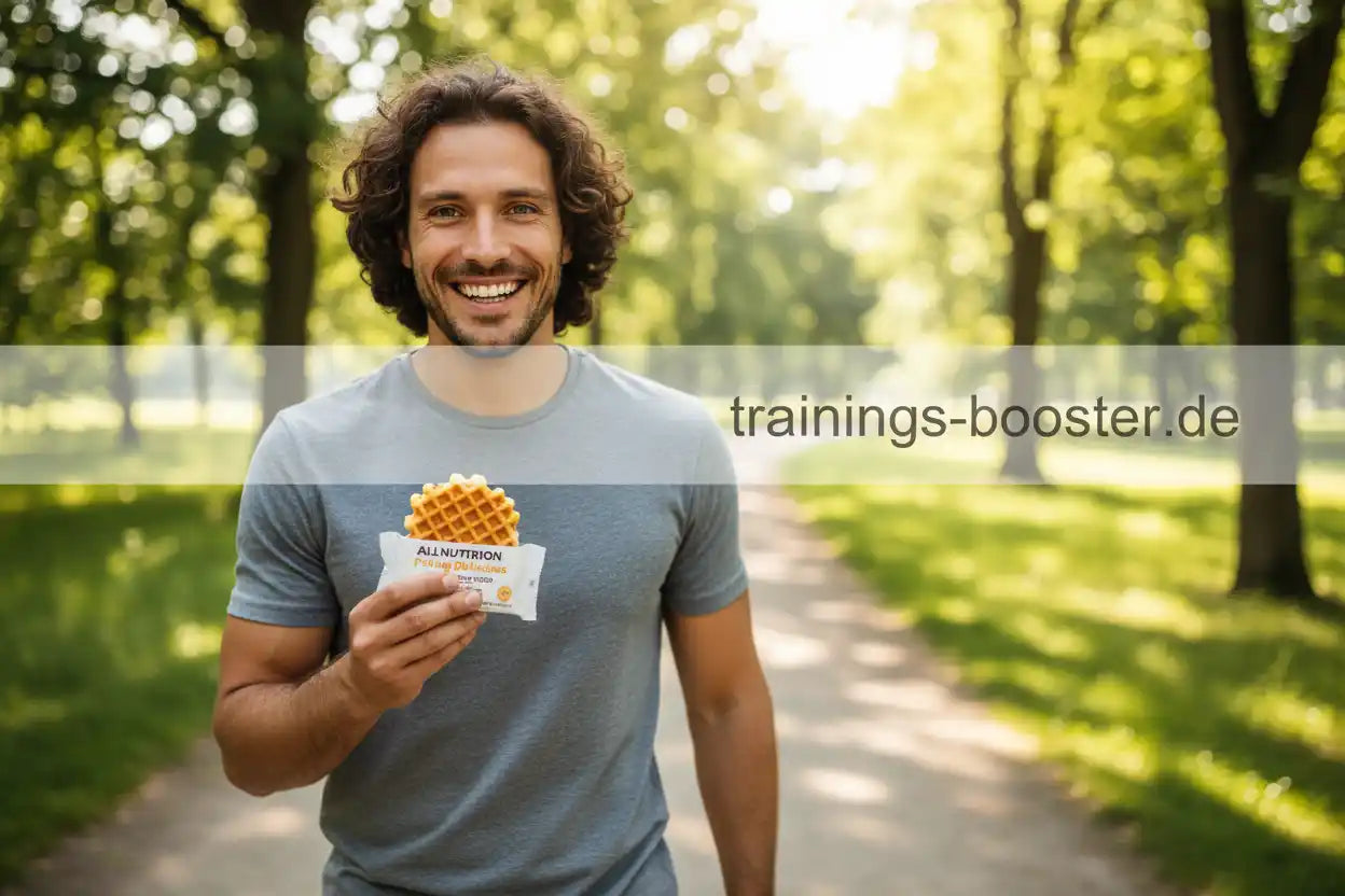 Mann mit AllNutrition Protein Waffel im Park, ideal als Sportnahrung und Booster für Training