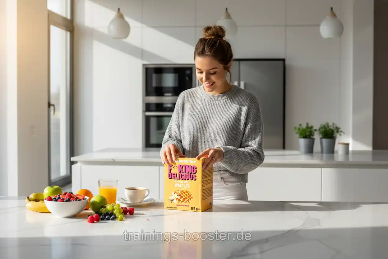 Frau öffnet Box mit Vanille-Waffeln in moderner Küche, umgeben von frischem Obst und Saft – ideal für Sportnahrung & Booster