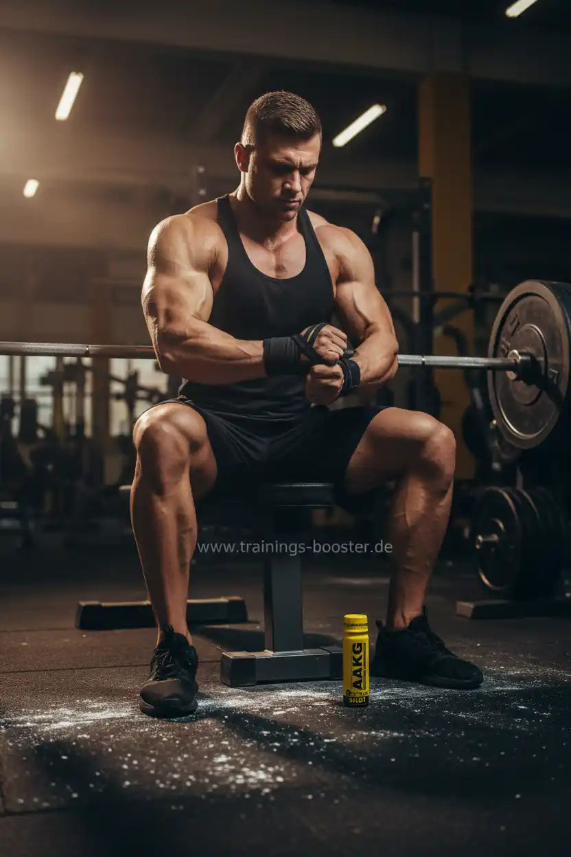 Muskulöser Mann im Fitnessstudio mit AAKG-Booster für optimale Trainingsleistung