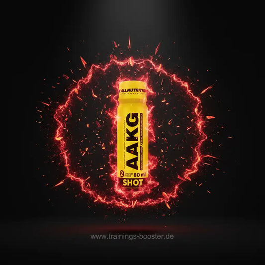 AAKG Shot von AllNutrition – 80 ml Trainingsbooster mit Energieeffekt, umgeben von leuchtendem Energiekreis