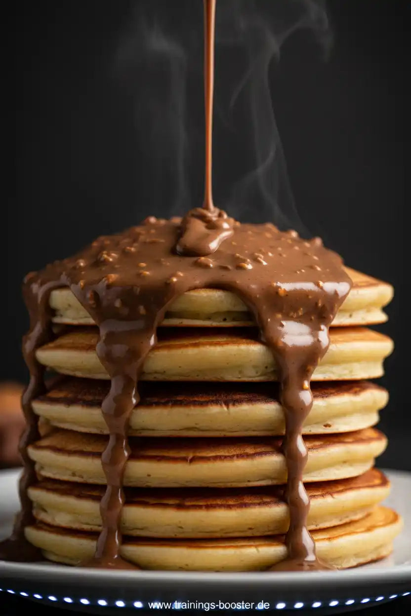 Heiße Schokoladensoße über Protein-Pancakes – ideal für Sportler und Fitness-Enthusiasten