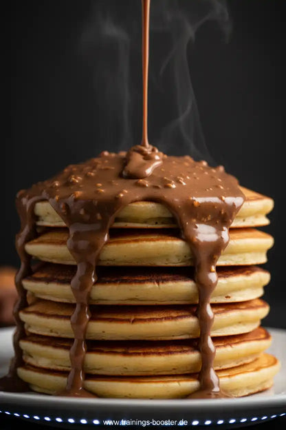 Heiße Schokoladensoße über Protein-Pancakes – ideal für Sportler und Fitness-Enthusiasten
