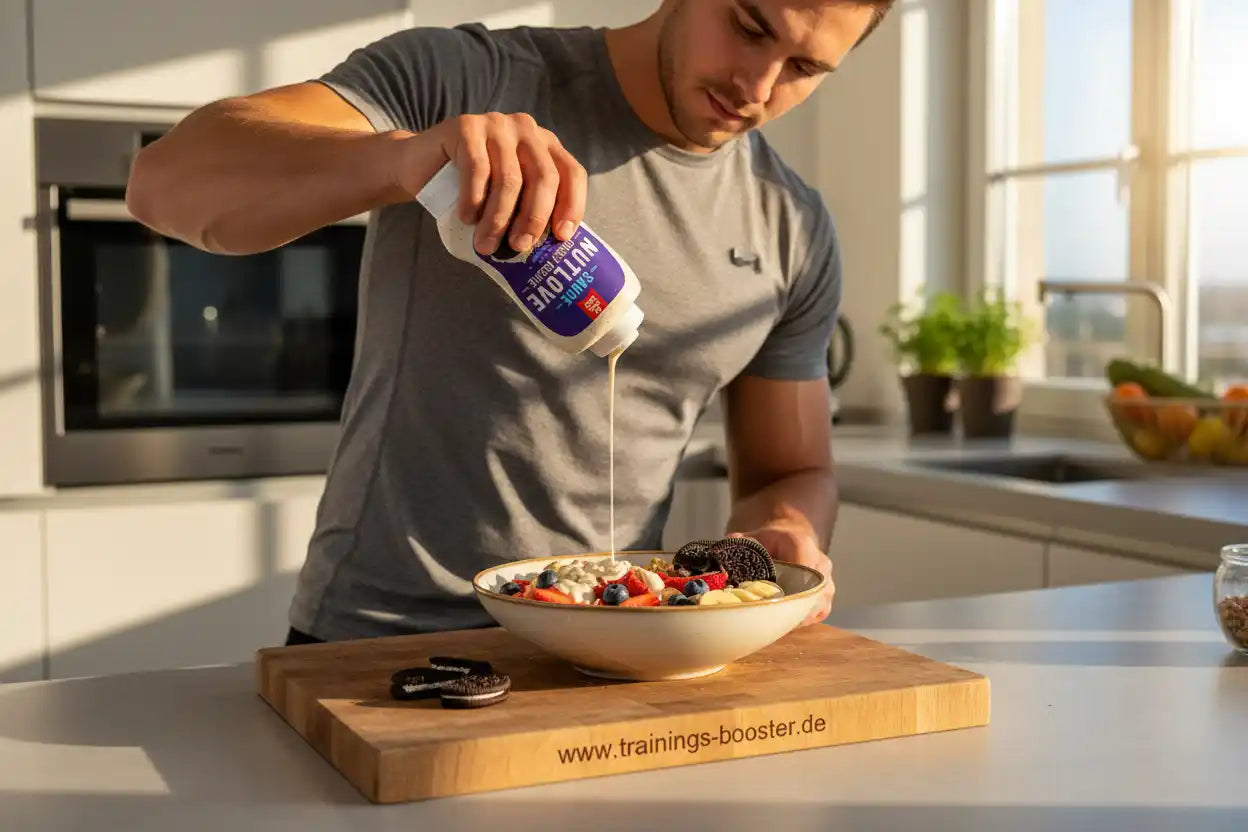 Mann gießt Protein-Sauce über Obstbowl mit Beeren und Keksen in moderner Küche