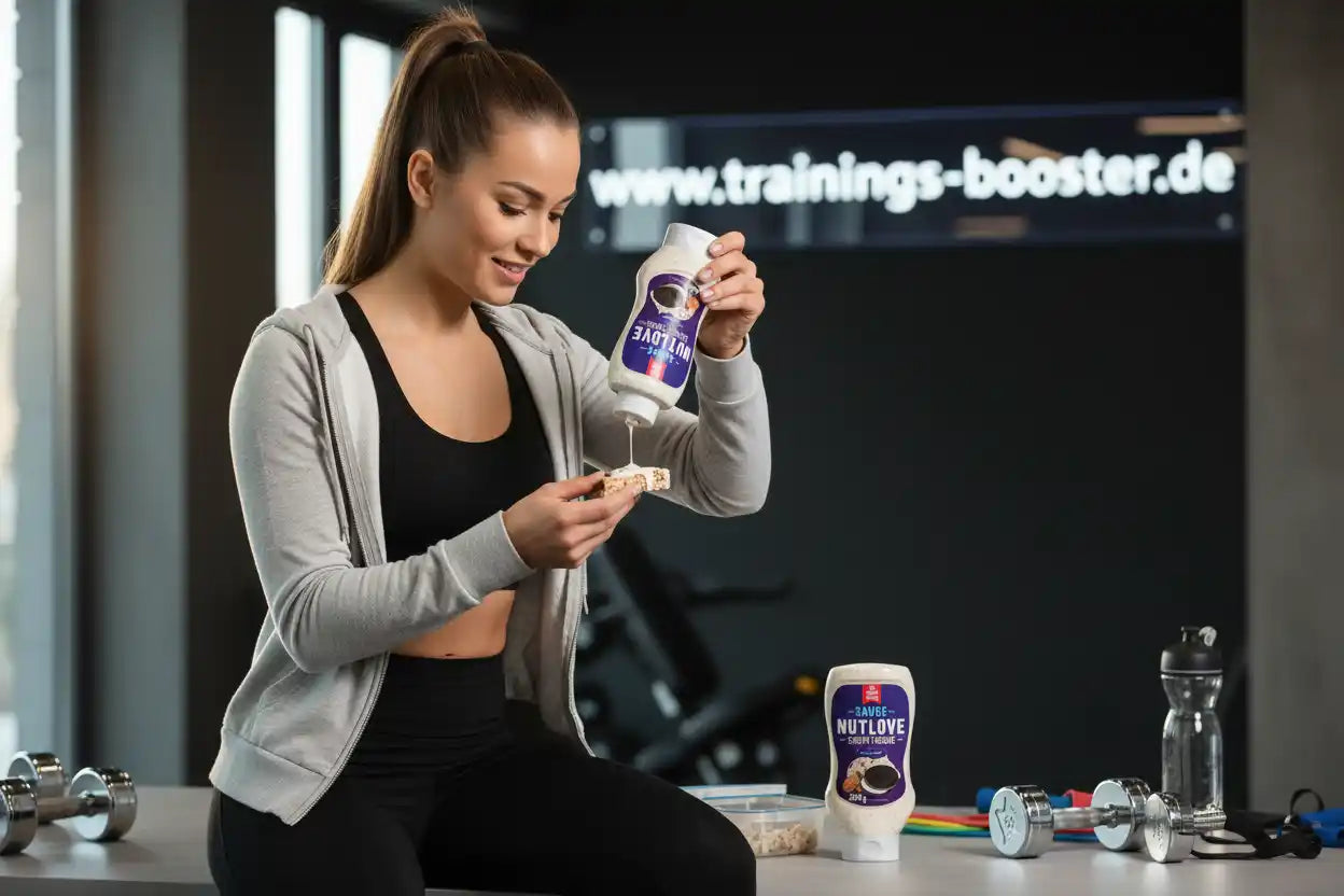 Frau gießt Nussbutter auf Proteinriegel im Fitnessstudio – ideal für Sportler und Training
