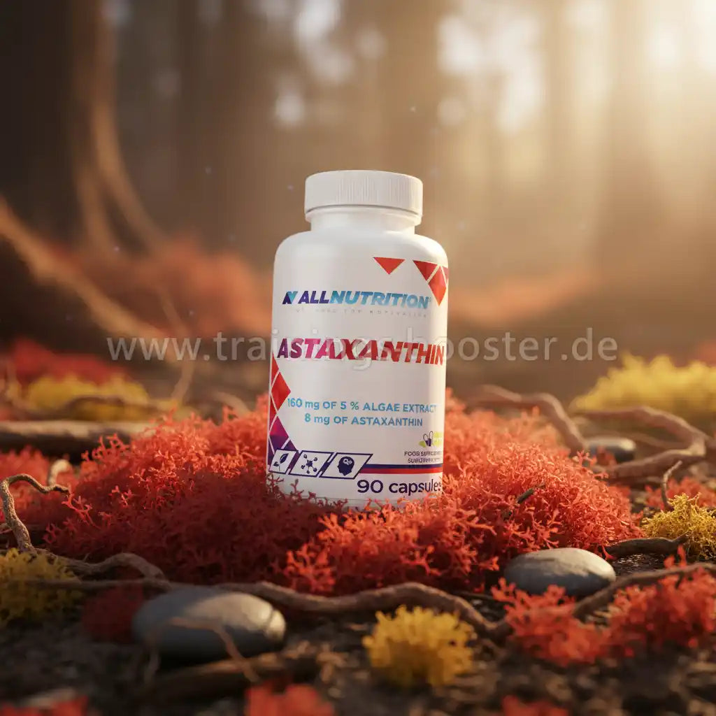Astaxanthin-Kapseln von AllNutrition auf Herbstmoos, ideal für Sport und Fitness