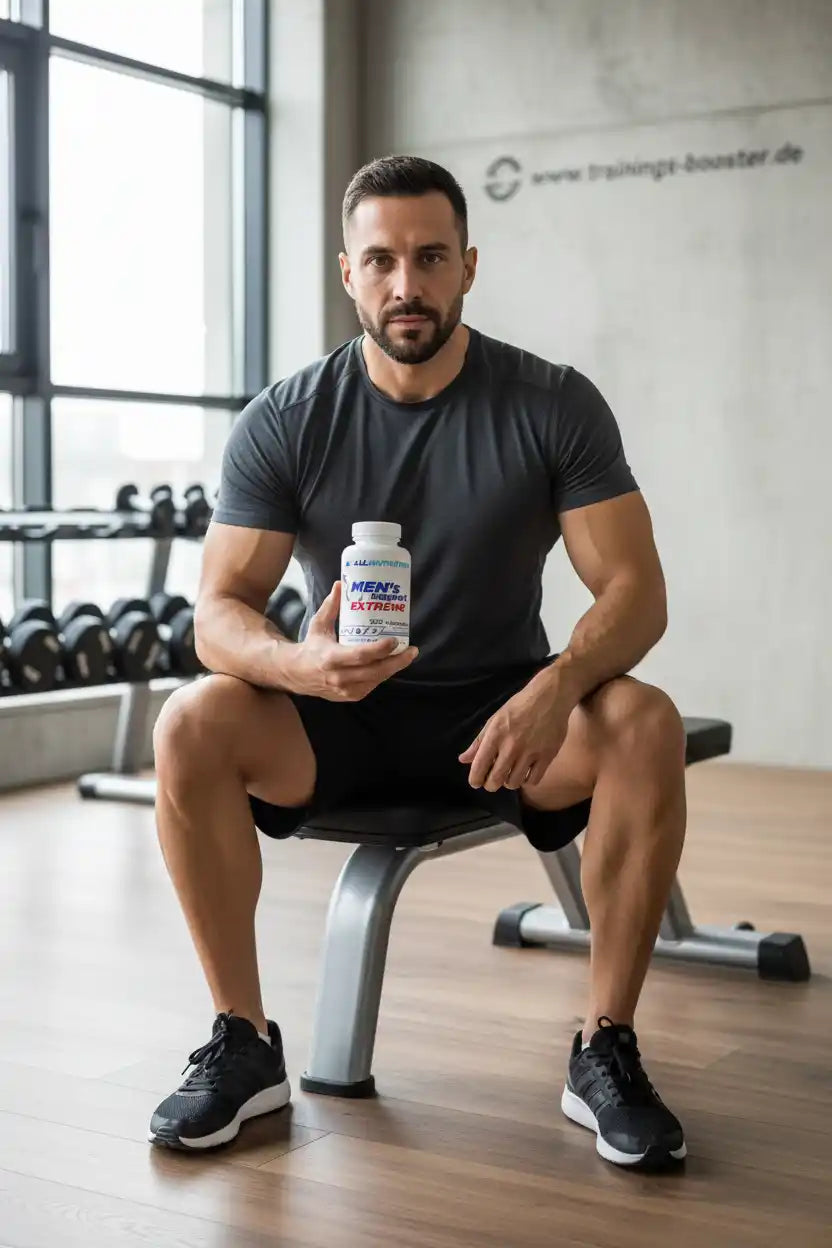 Muskulöser Mann im Fitnessstudio mit Nahrungsergänzungsmittel für Männer, Booster und Sportnahrung