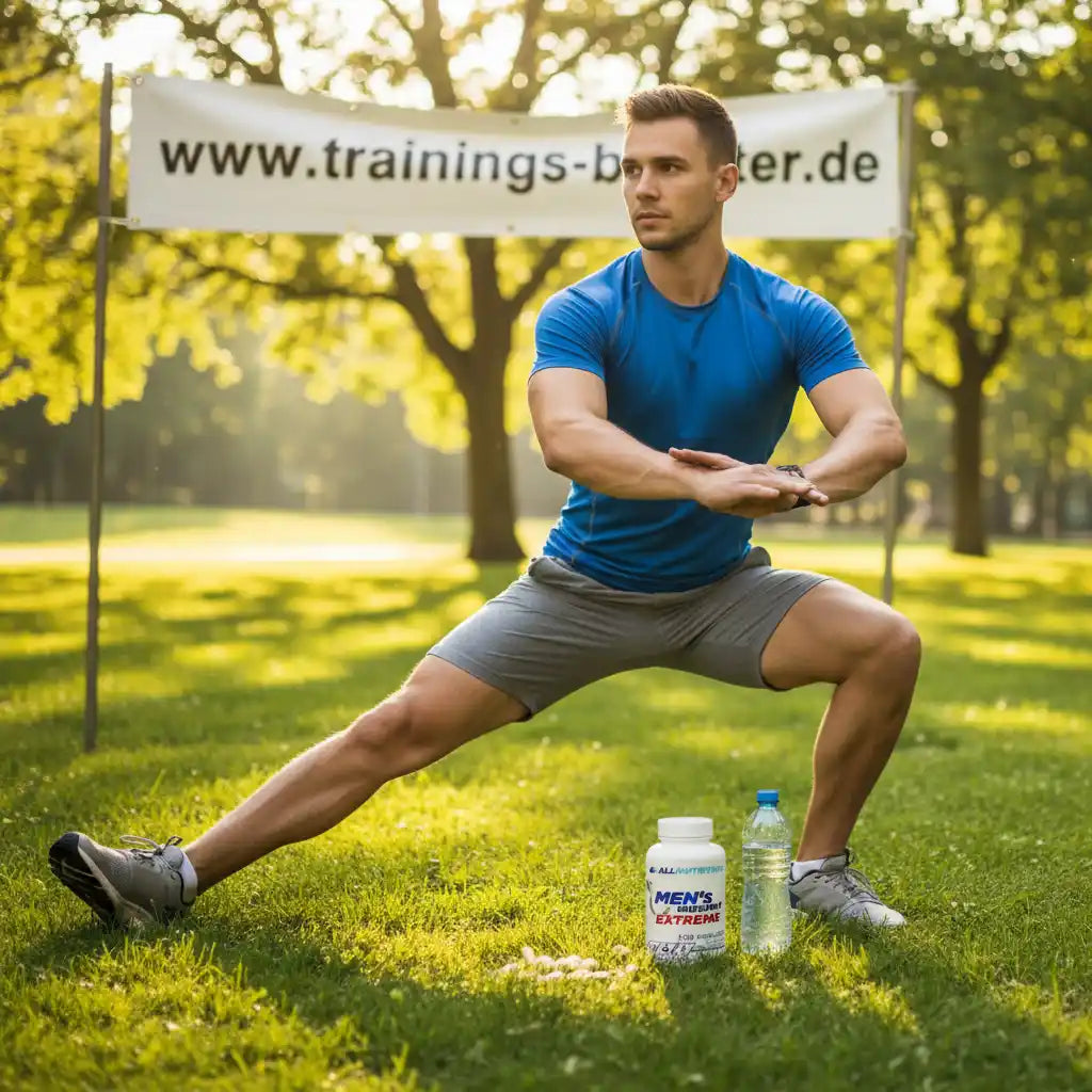 Muskulöser Mann beim Dehnen im Park mit Nahrungsergänzungsmittel und Wasserflasche – ideal für Training & Fitness