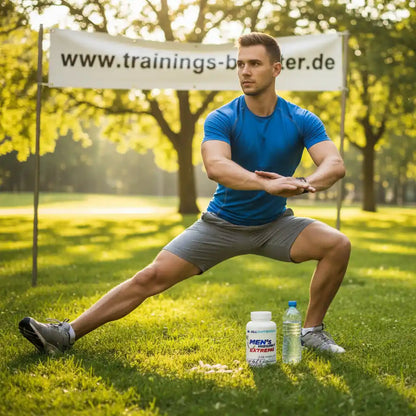 Muskulöser Mann beim Dehnen im Park mit Nahrungsergänzungsmittel und Wasserflasche – ideal für Training & Fitness