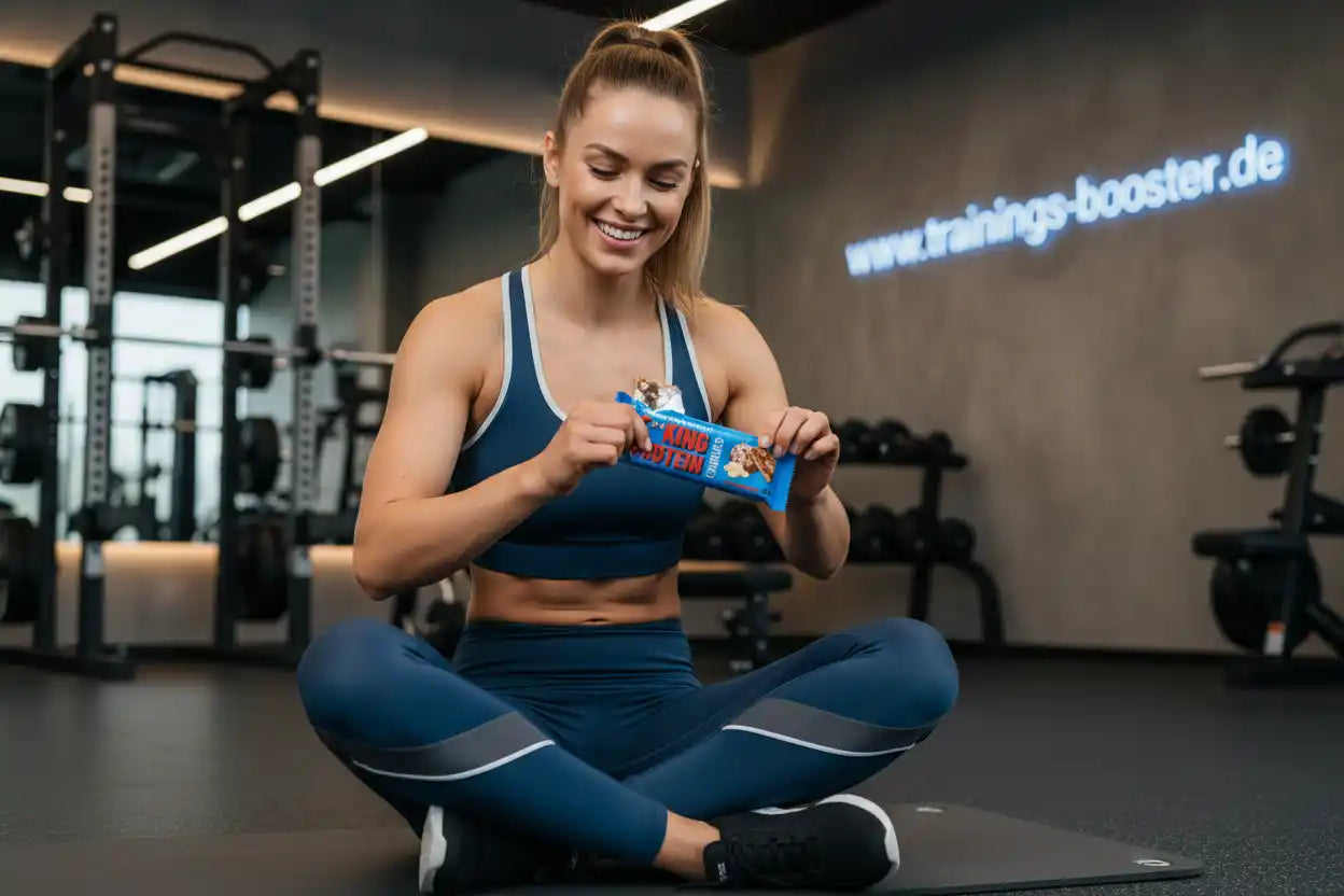 Frau im Fitnessstudio mit Proteinriegel, ideal für Training und Muskelaufbau